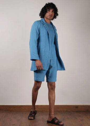 Men'S Crush Cotton Blue Shawl Jacket