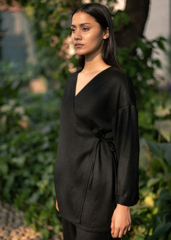 A Model Wearing Black Wool Pansy Set- Black , curated by Only Ethikal
