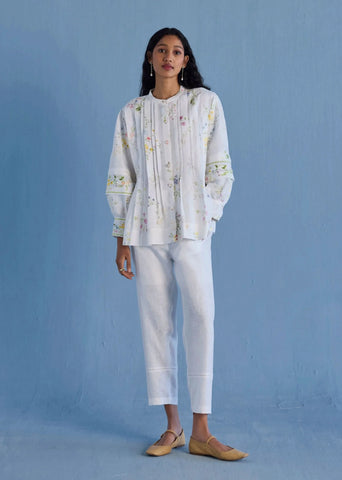 Akavi Pleated Floral Linen Co-Ord Set-White