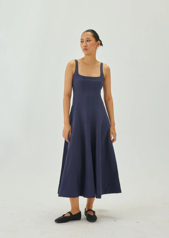 Indigo Square-Neck Flare Midi Dress