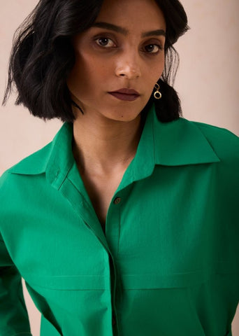 A Model Wearing Green Poplin The Evergreen Wonder Classic Organic Cotton Shirt Blouse, curated by Only Ethikal