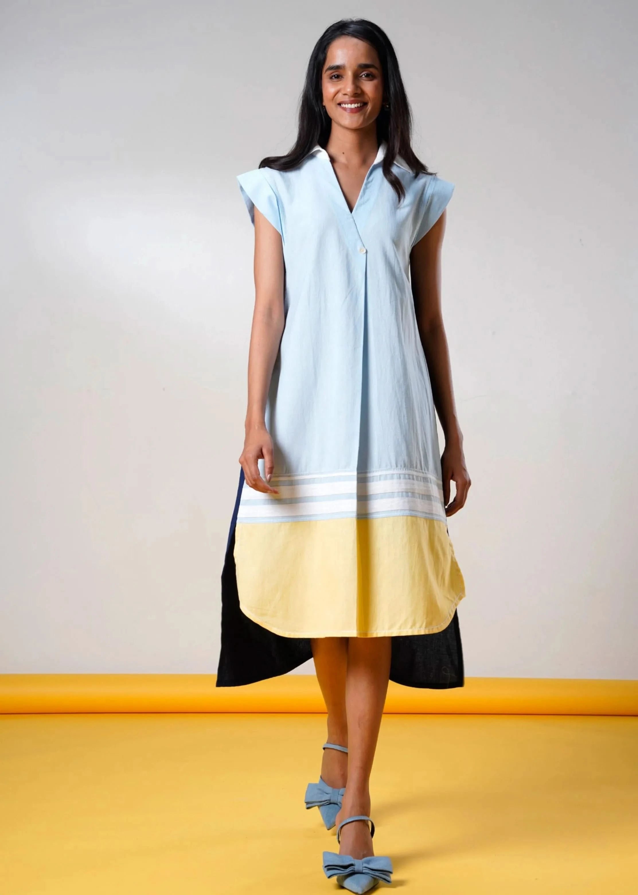 A Model Wearing Multicolor Handloom Cotton  Savai Ice Handloom Cotton Dress, curated by Only Ethikal