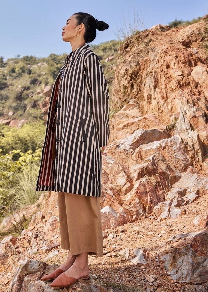 A Model Wearing Multicolor,Pure Cotton Illusion Jacket curated by Only Ethikal
