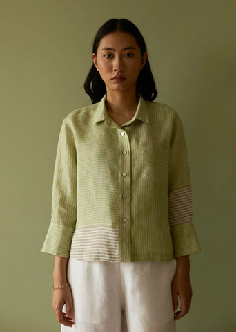 Tia Stripe Linen Cropped Shirt- Meadow