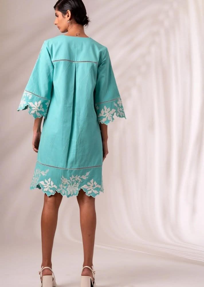 A Model Wearing Blue Cotton Twill Mason Short Dress, curated by Only Ethikal