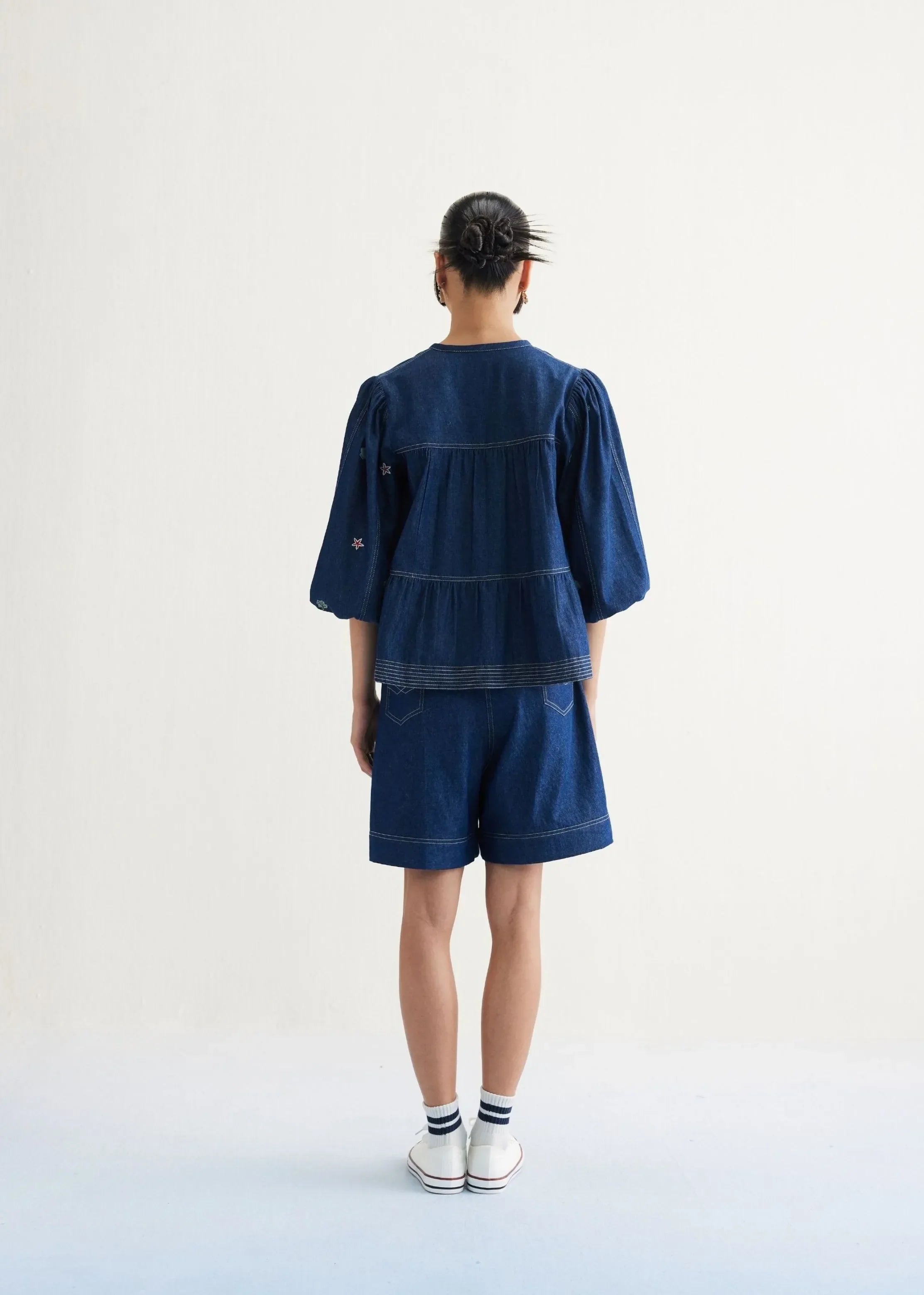 A Model Wearing Blue Cotton Denim Deep Sea Sustainable Denim Blue Top, curated by Only Ethikal