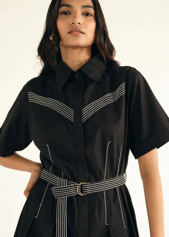 A Model Wearing Black Poplin Black Poplin Shirt Dress With Top Stitch, curated by Only Ethikal