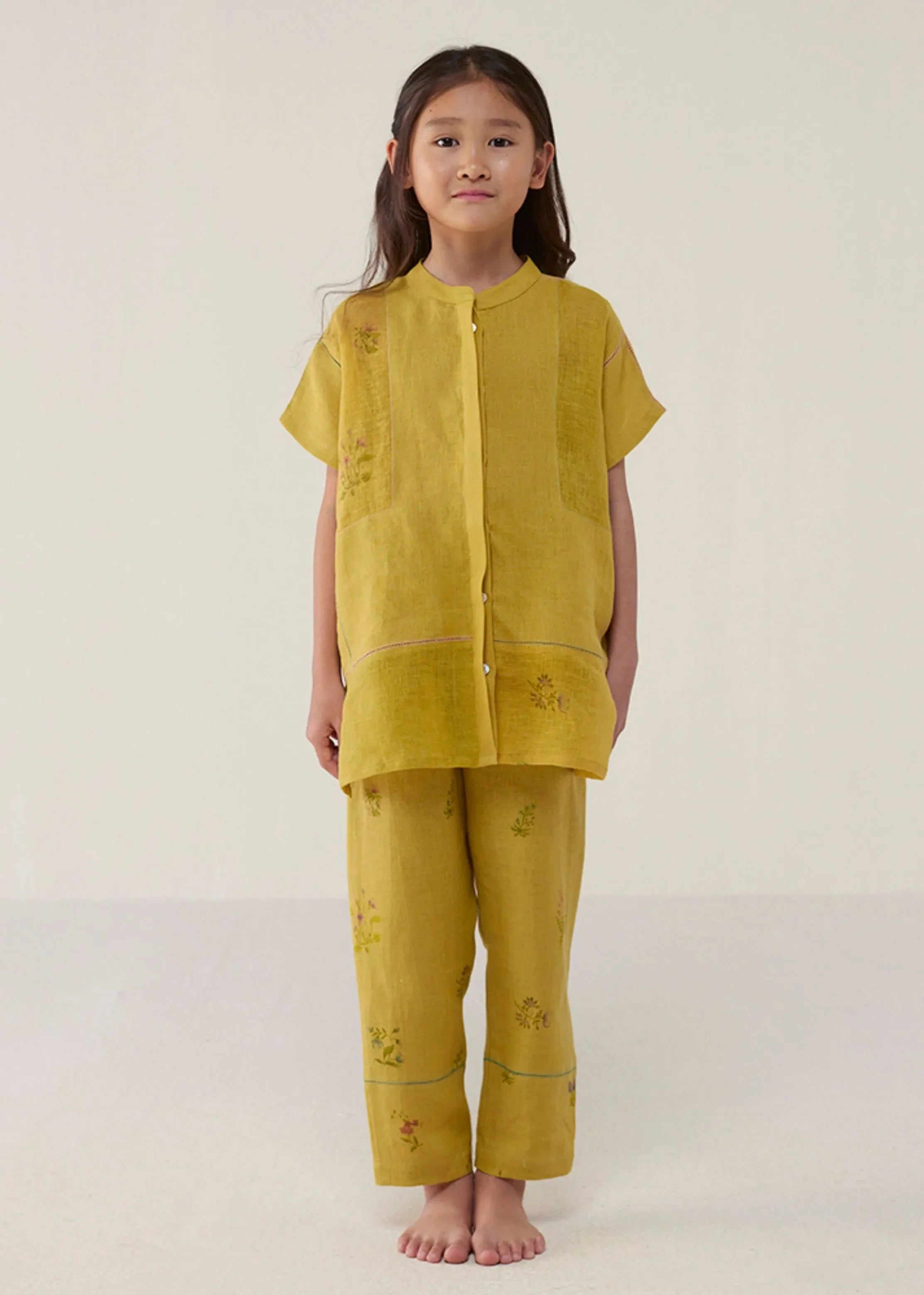 A Model Wearing Yellow Linen Kids Aboli Patchwork Linen Co-Ord Set- Ochre, curated by Only Ethikal
