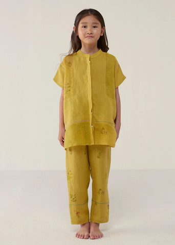 A Model Wearing Yellow Linen Kids Aboli Patchwork Linen Co-Ord Set- Ochre, curated by Only Ethikal