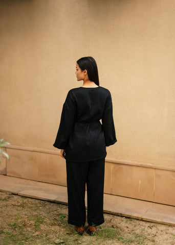 A Model Wearing Black Wool Pansy Set- Black , curated by Only Ethikal