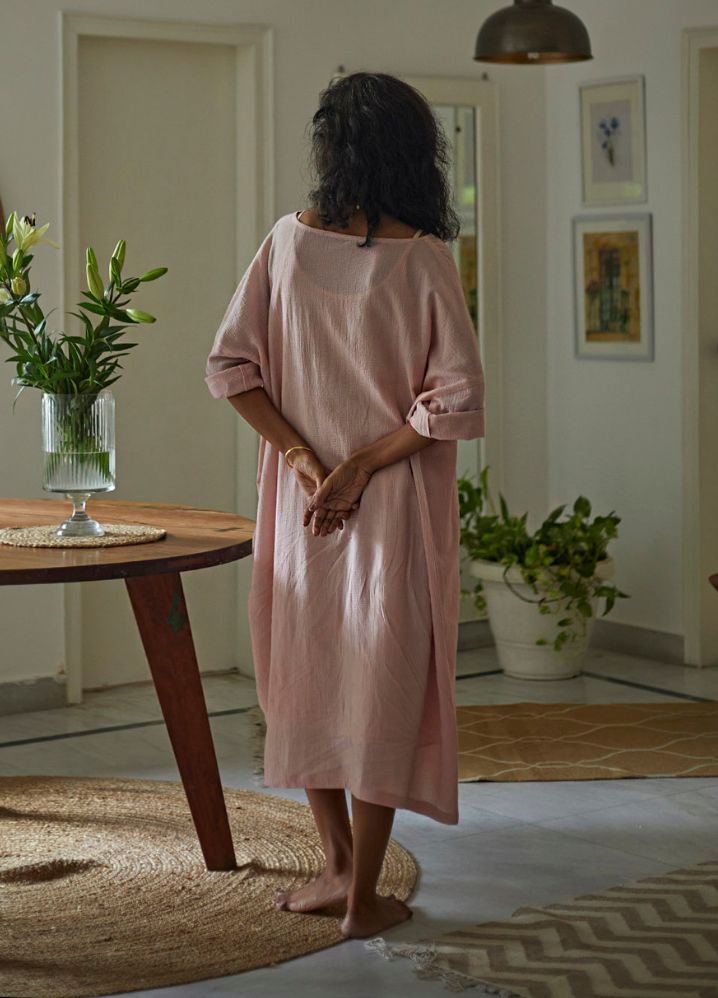 Woman wearing Pink Pure Cotton French Rose Kaftan by Kharakapas curated by Only Ethikal