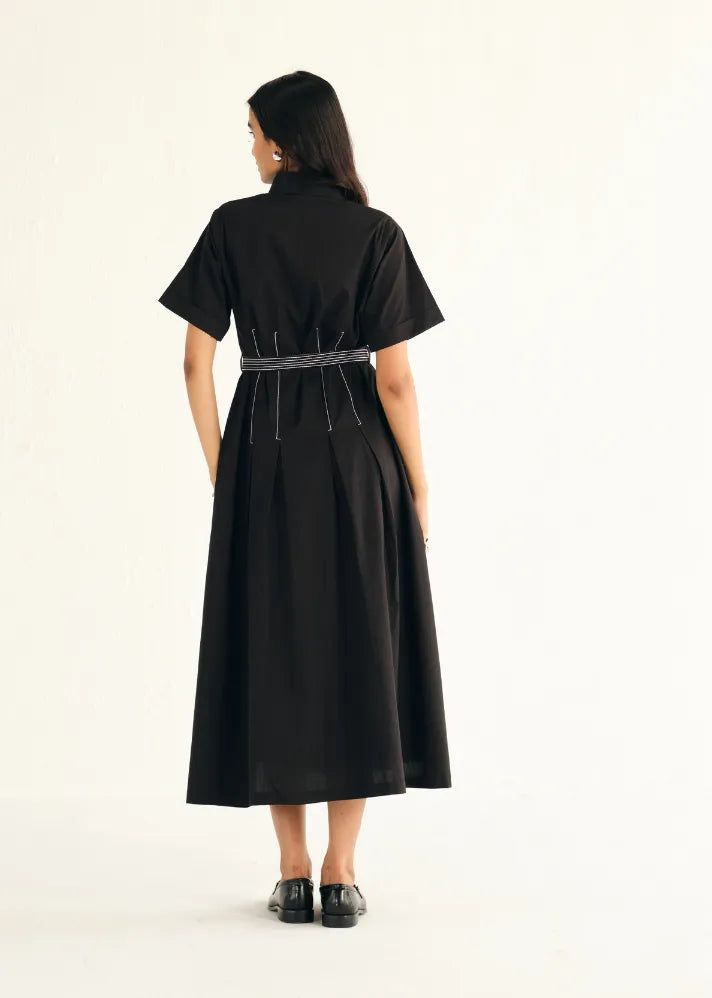 A Model Wearing Black Poplin Black Poplin Shirt Dress With Top Stitch, curated by Only Ethikal