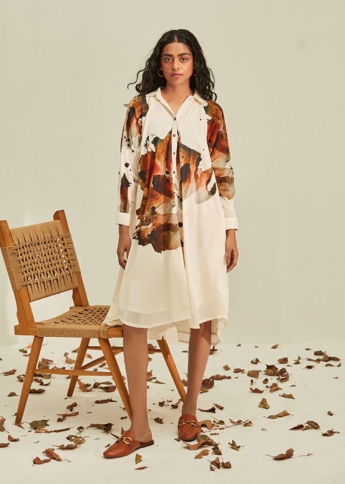 A Model Wearing White Cotton Mul Myna Shirt Dress, curated by Only Ethikal