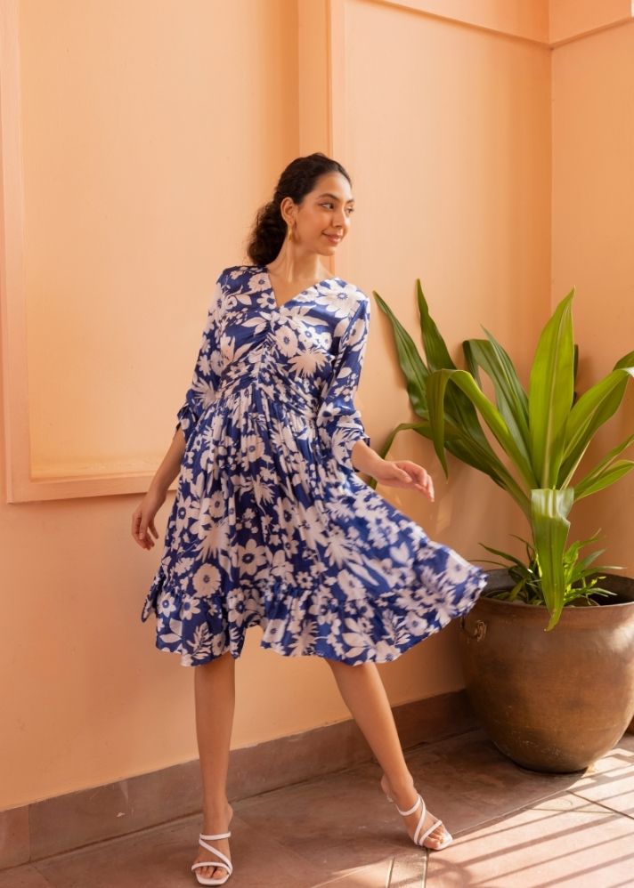 A Model Wearing Multicolor Vegan Silk Amber Dress- Oasis Blue Print, curated by Only Ethikal