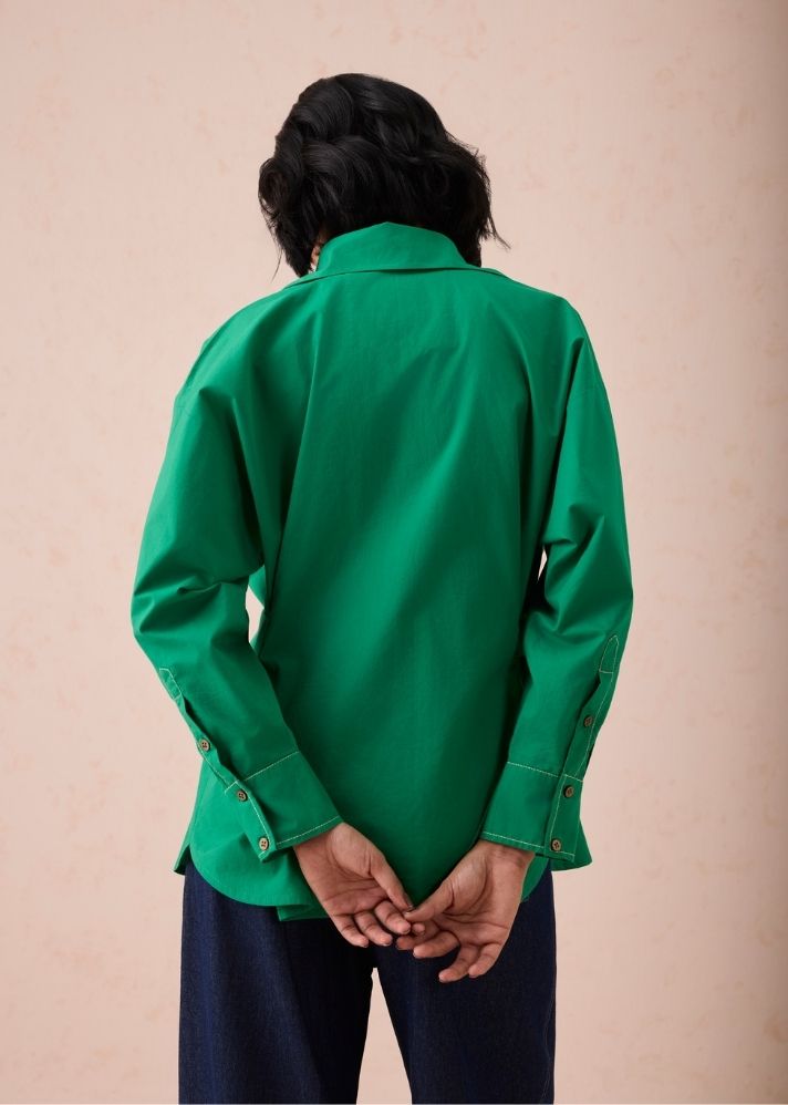 A Model Wearing Green Poplin The Evergreen Wonder Classic Organic Cotton Shirt Blouse, curated by Only Ethikal