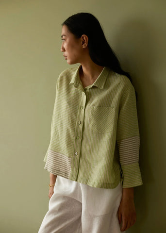 Tia Stripe Linen Cropped Shirt- Meadow