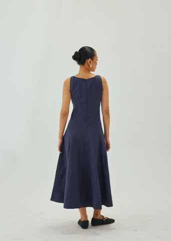 Indigo Square-Neck Flare Midi Dress