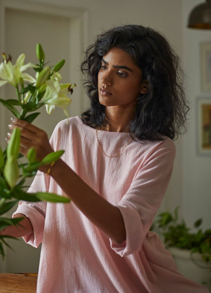 Woman wearing Pink Pure Cotton French Rose Kaftan by Kharakapas curated by Only Ethikal