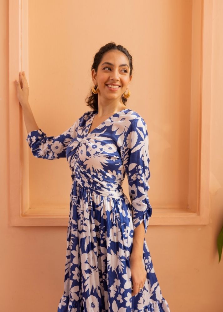 A Model Wearing Multicolor Vegan Silk Amber Dress- Oasis Blue Print, curated by Only Ethikal