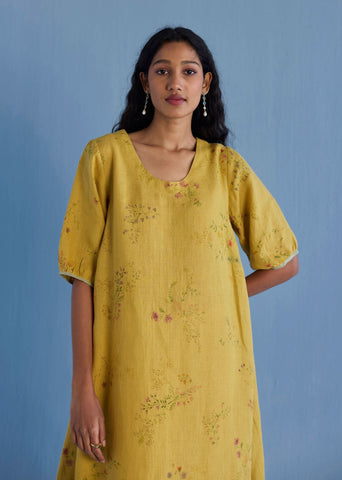 Nami Floral Printed Linen Dress - Ochre