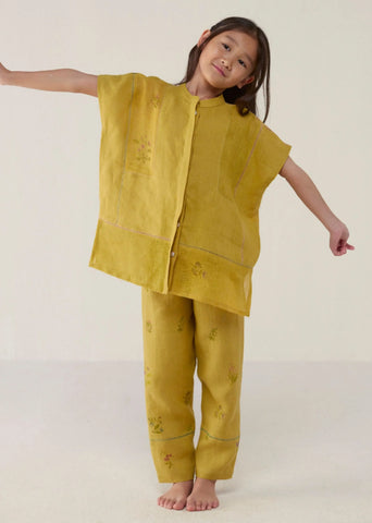 Kids Aboli Patchwork Linen Co-Ord Set- Ochre