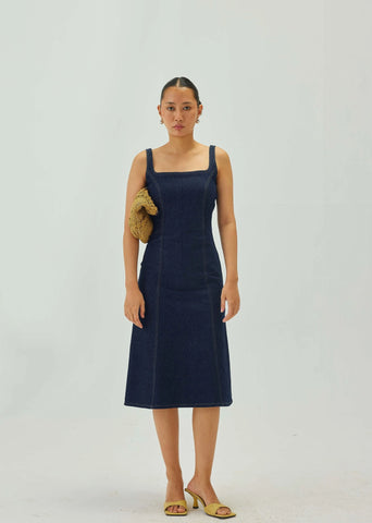 Denim Midi Dress With Deep Back