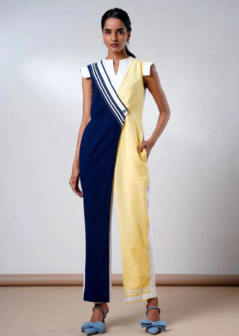 A Model Wearing Multicolor Handloom Cotton  Moonstone Cotton  Denim Jumpsuit , curated by Only Ethikal