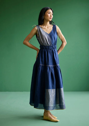 Aria Metallic Linen Dress- Navy