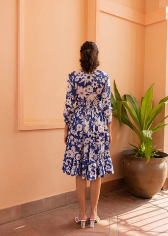 A Model Wearing Multicolor Vegan Silk Amber Dress- Oasis Blue Print, curated by Only Ethikal