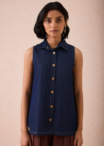A Model Wearing Blue Denim The Mountain Denim Sleevless Shirt, curated by Only Ethikal