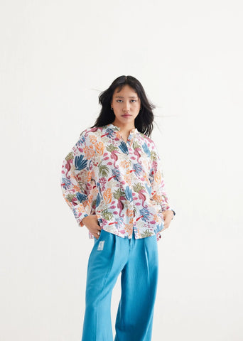 A Model Wearing White Lyocell Blooming Reef Lyocell Classic White Shirt, curated by Only Ethikal