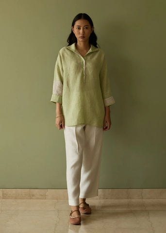 A Model Wearing Green Linen Risa Stripe Linen Shirt- Meadow, curated by Only Ethikal