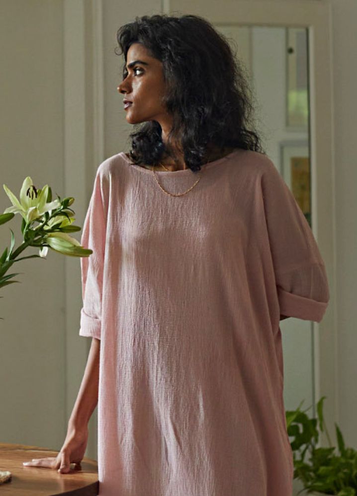 Woman wearing Pink Pure Cotton French Rose Kaftan by Kharakapas curated by Only Ethikal