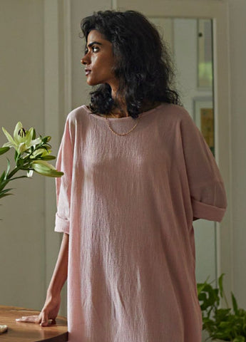 Woman wearing Pink Pure Cotton French Rose Kaftan by Kharakapas curated by Only Ethikal
