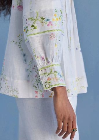 Akavi Pleated Floral Linen Co-Ord Set-White