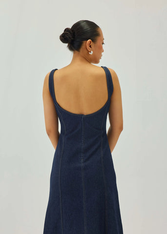 Denim Midi Dress With Deep Back