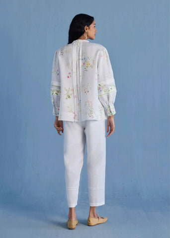 Akavi Pleated Floral Linen Co-Ord Set-White