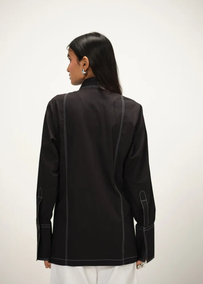 A Model Wearing Black Poplin Black Poplin Shirt With Top Stitch Detail, curated by Only Ethikal