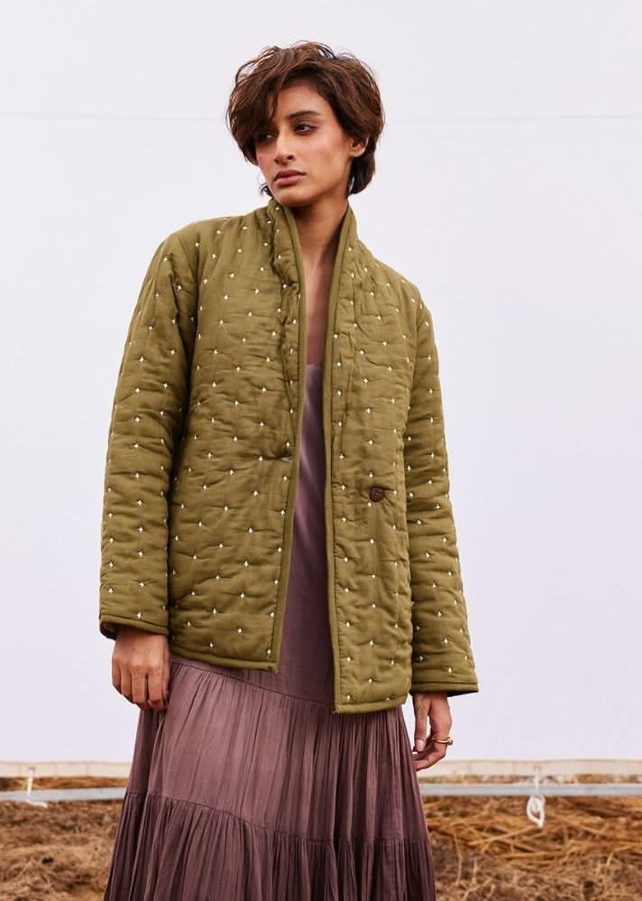 A Model Wearing Olive Pure Cotton Clove Jacket curated by Only Ethikal