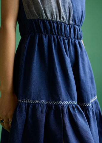 Aria Metallic Linen Dress- Navy