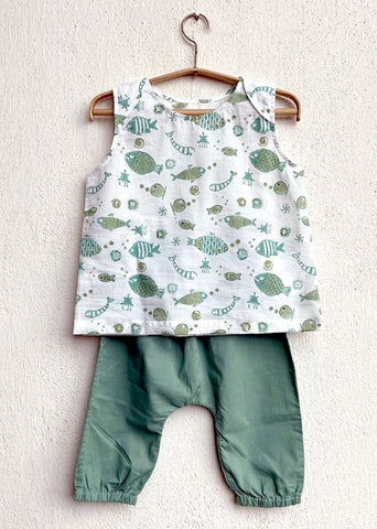 Unisex Organic Koi Mint Jhabla With Mint Pants