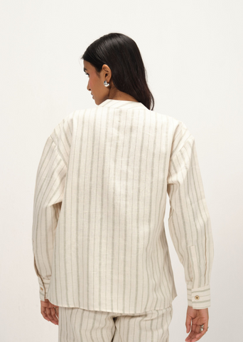 Linen Striped Band Collar Top & Pant Co-Ord Set