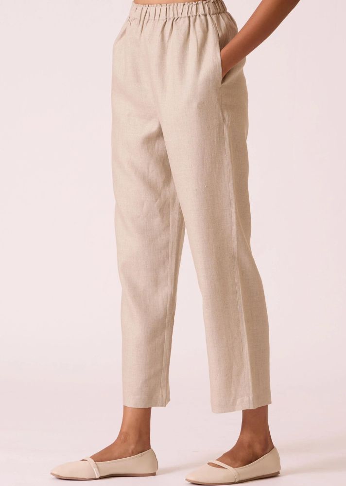 A Model Wearing Beige Linen Cotton Torri Beige Linen Trousers , curated by Only Ethikal