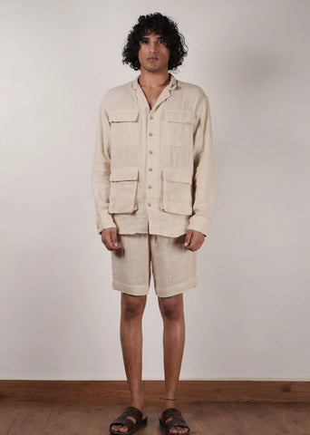 Men'S Pocket Crush Cotton Cream Shirt