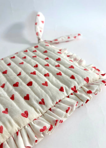 Sustainable Quilted Cotton Travel Pouch Flat Frill- Organizer- Red Hearts On White