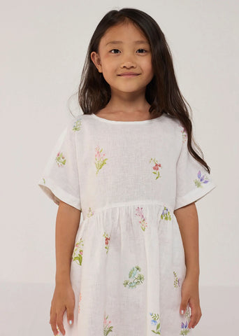 Kids Rasa Floral Printed Linen Dress- White