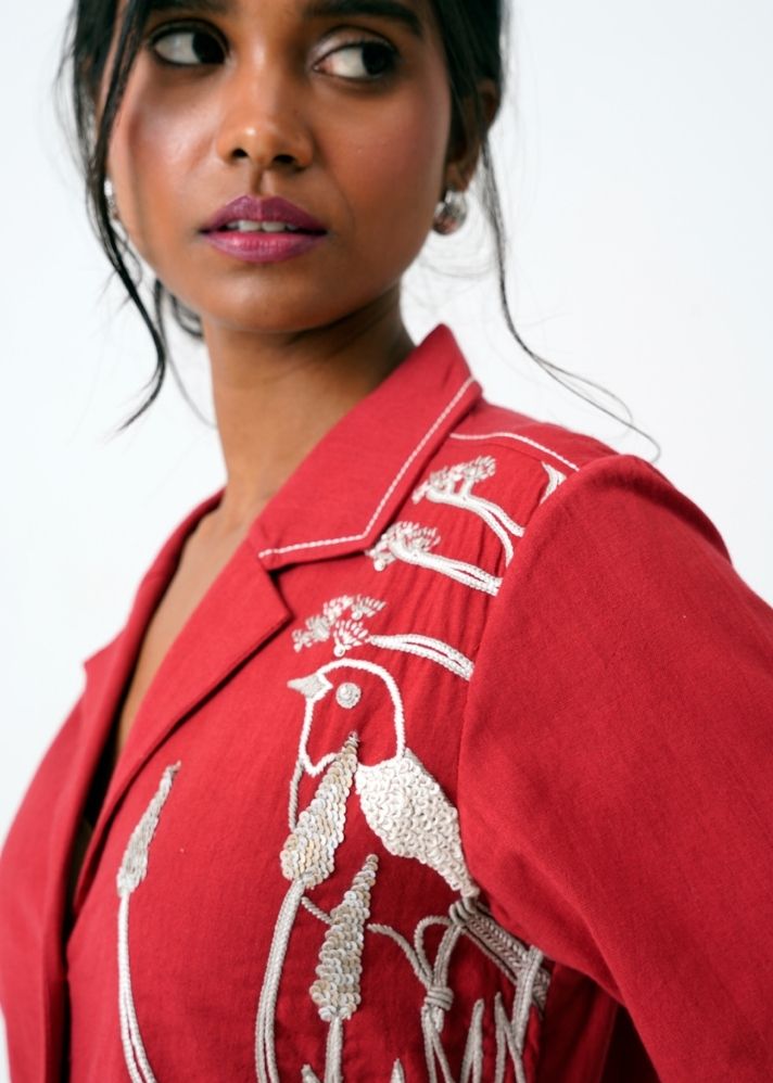 A Model Wearing Multicolor Handloom Cotton Taiwo Short Dress Red, curated by Only Ethikal