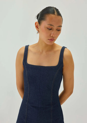 Denim Midi Dress With Deep Back