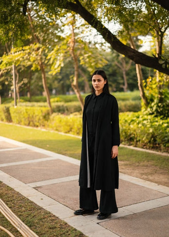 A Model Wearing Black Wool Alaska Set- Black, curated by Only Ethikal