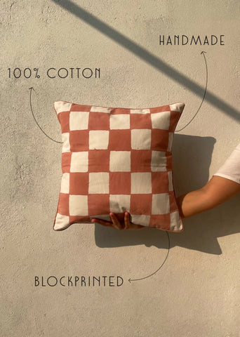 Checkered Block Printed Cotton Cushion Cover